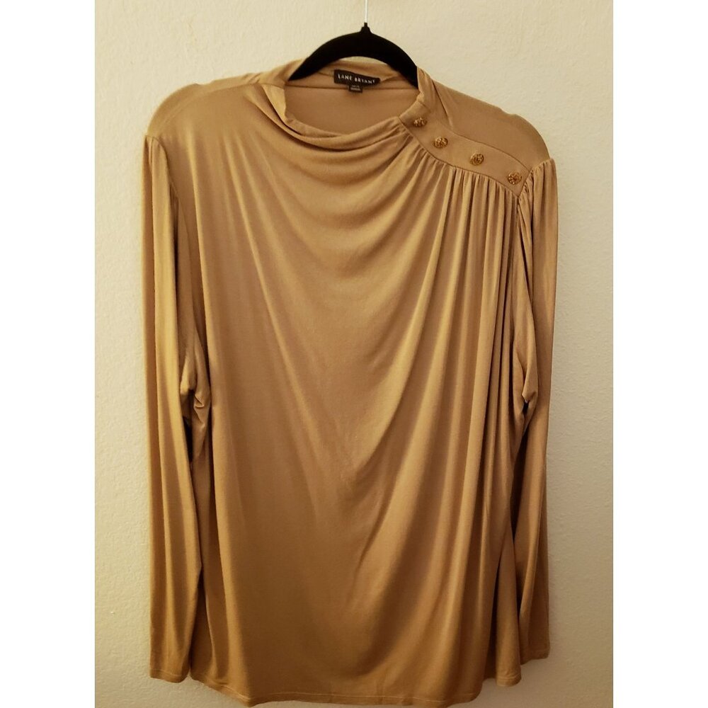 Lane Bryant Draped Neck Tan Pullon Long Sleeve Blouse Top Button Trim 18/20 EUC